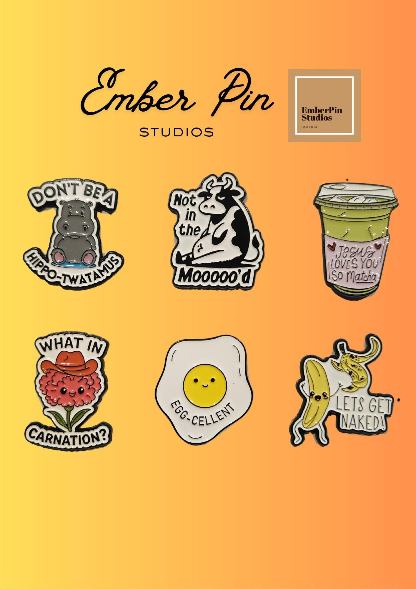 Punny Enamel Pins Collection | Cute Funny Lapel Pins | Animal & Food Humor Pins What In Carnation Matcha Egg-Cellent