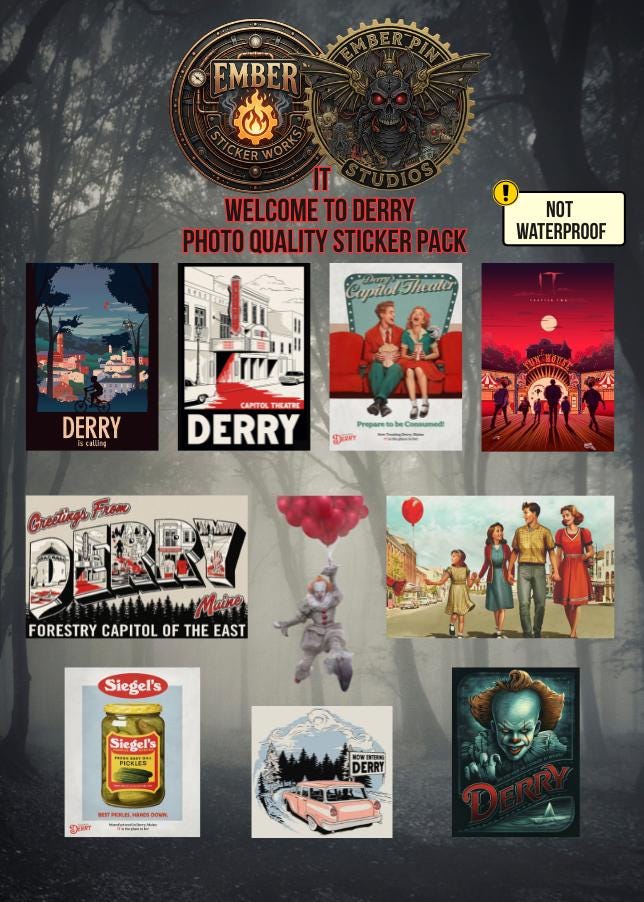 Horror Inspired IT - Welcome To Derry Enamel Pin Set  Creepy Clown, Red Balloon, Paper Boat, Derry Maine Pins Spooky Collectible Lapel Pins