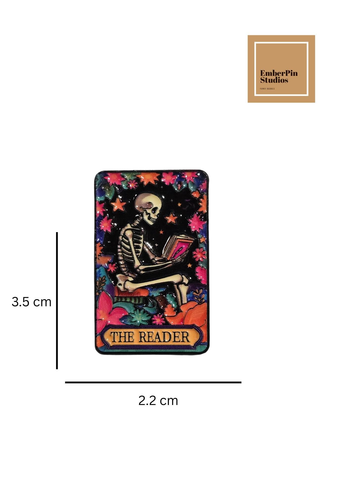 The Reader Tarot Enamel Pin Set, Gothic Skeleton Tarot Pins, Witchy Book Lover Gift, Hard Enamel Pin Collection, Dark academia