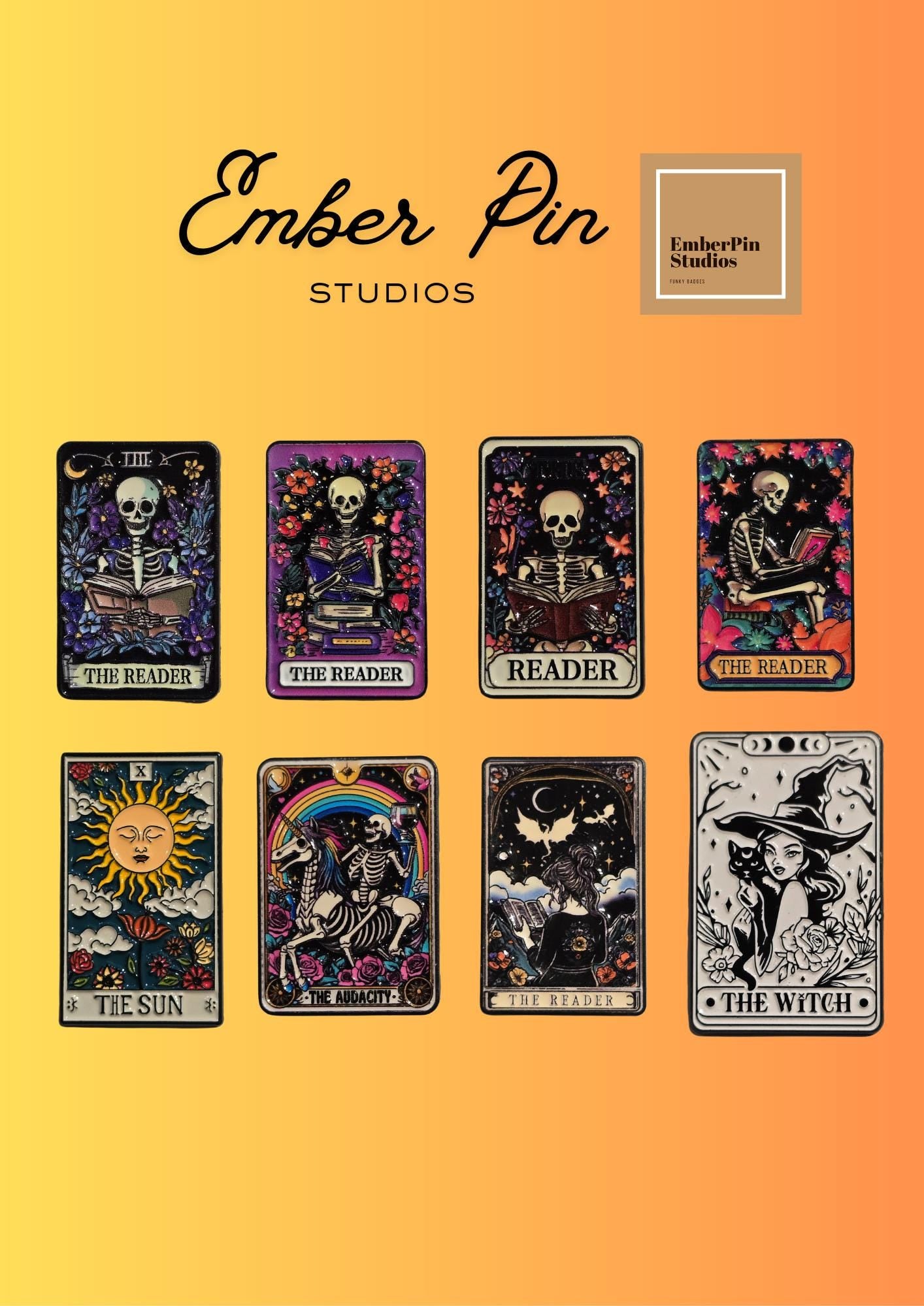 The Reader Tarot Enamel Pin Set, Gothic Skeleton Tarot Pins, Witchy Book Lover Gift, Hard Enamel Pin Collection, Dark academia