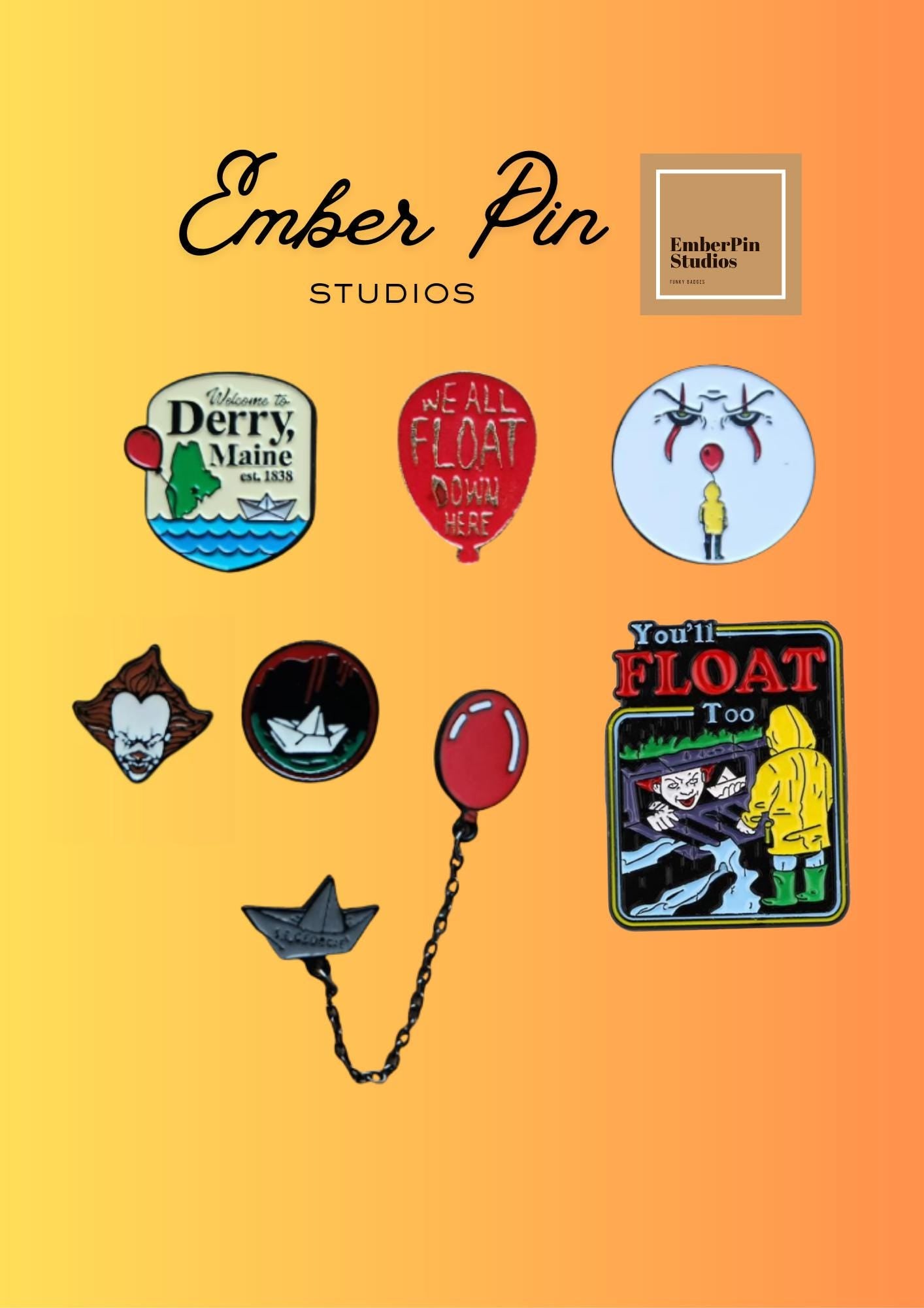 Horror Inspired IT - Welcome To Derry Enamel Pin Set  Creepy Clown, Red Balloon, Paper Boat, Derry Maine Pins Spooky Collectible Lapel Pins