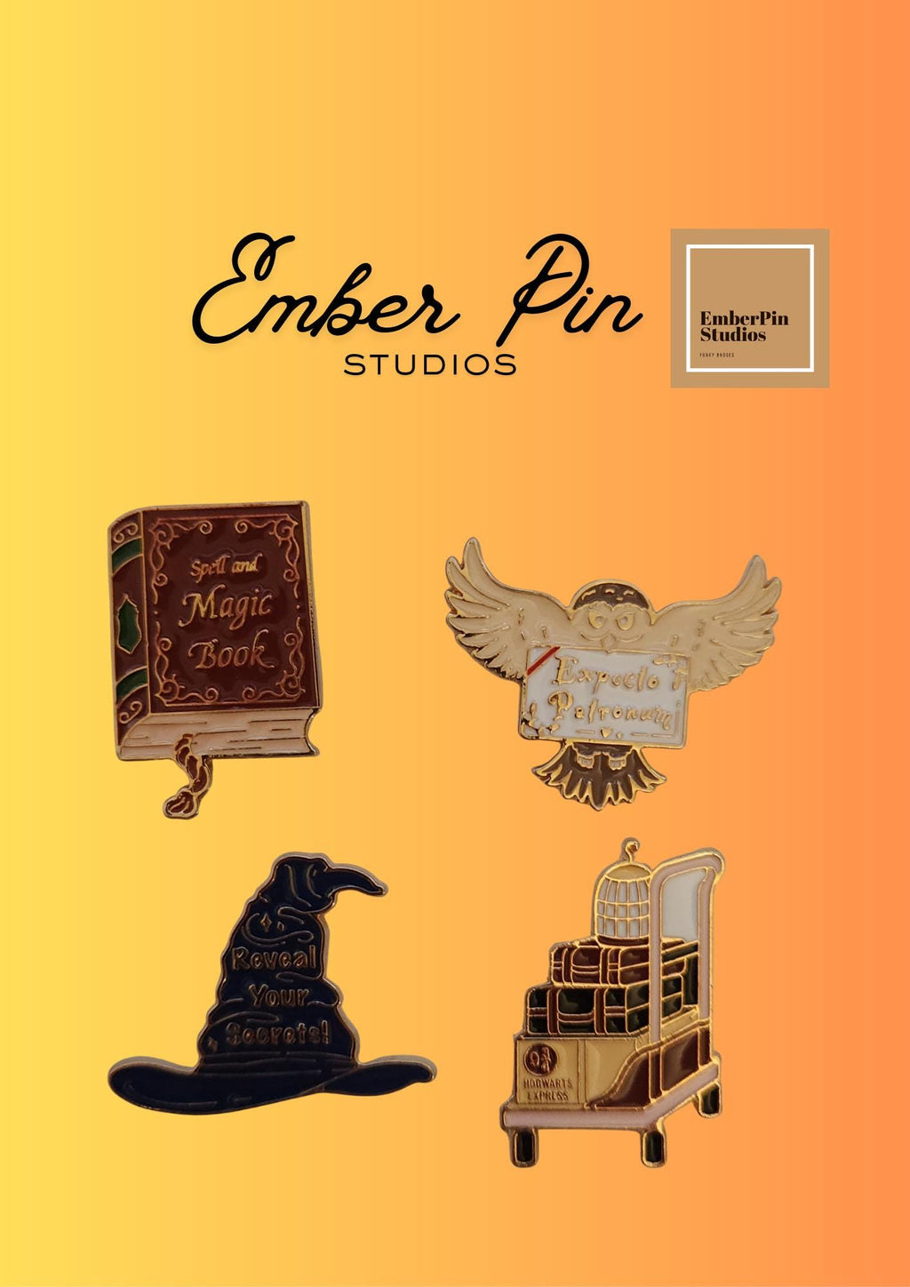 Magical Enamel Pins Set Harry Potter Inspired Spell book, Sorting Hat, Hedwig Owl, and Hogwarts Express Trolly