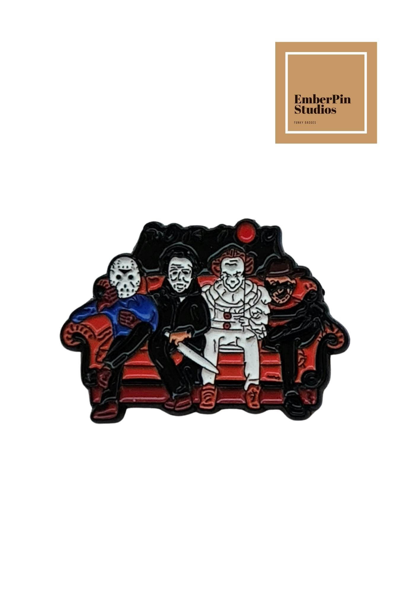 Horror Enamel Pin Set – VHS Tape Stack 1982 Poltergeist Carol Anne Ouija Board Monster Faces Pac Man Thing The Addams Family