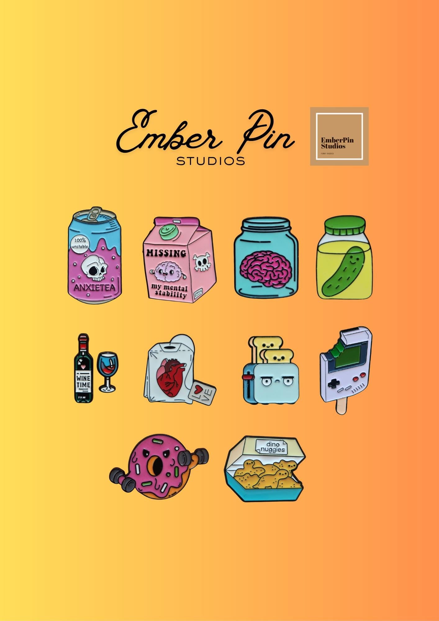 Quirky Food Enamel Pins – Humor, Mental Health, Food & Retro Gaming Backpack, Jacket, Bag Accessories