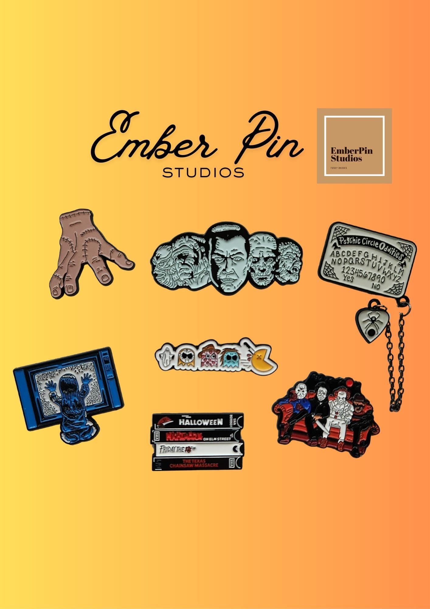 Horror Enamel Pin Set – VHS Tape Stack 1982 Poltergeist Carol Anne Ouija Board Monster Faces Pac Man Thing The Addams Family