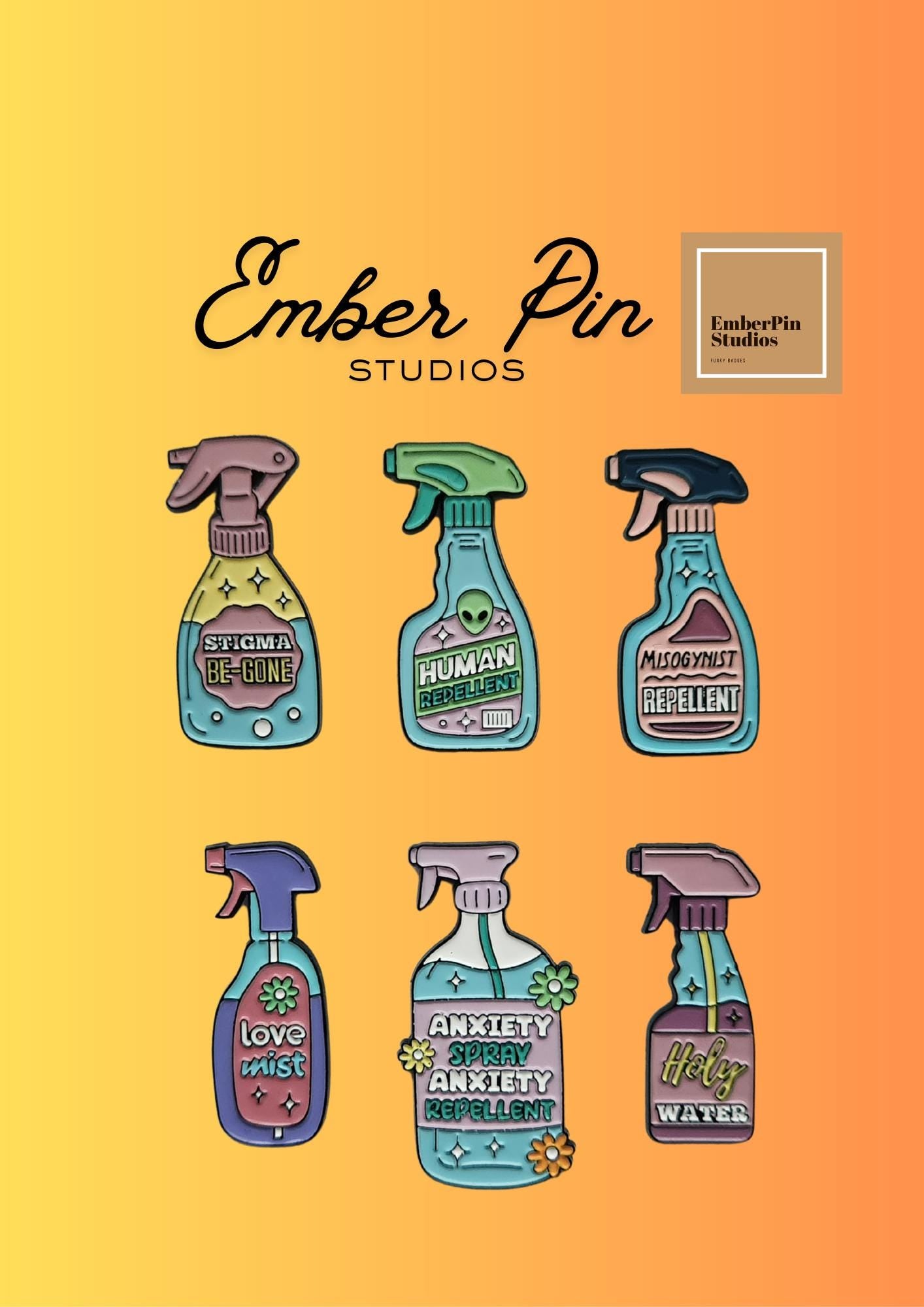 Spray Bottle Enamel Pin Set Mental Health Pins Anti-Anxiety & Self-Care Pin Collection Whimsical Accessory Gift for Bag, Jacket, or Lanyard