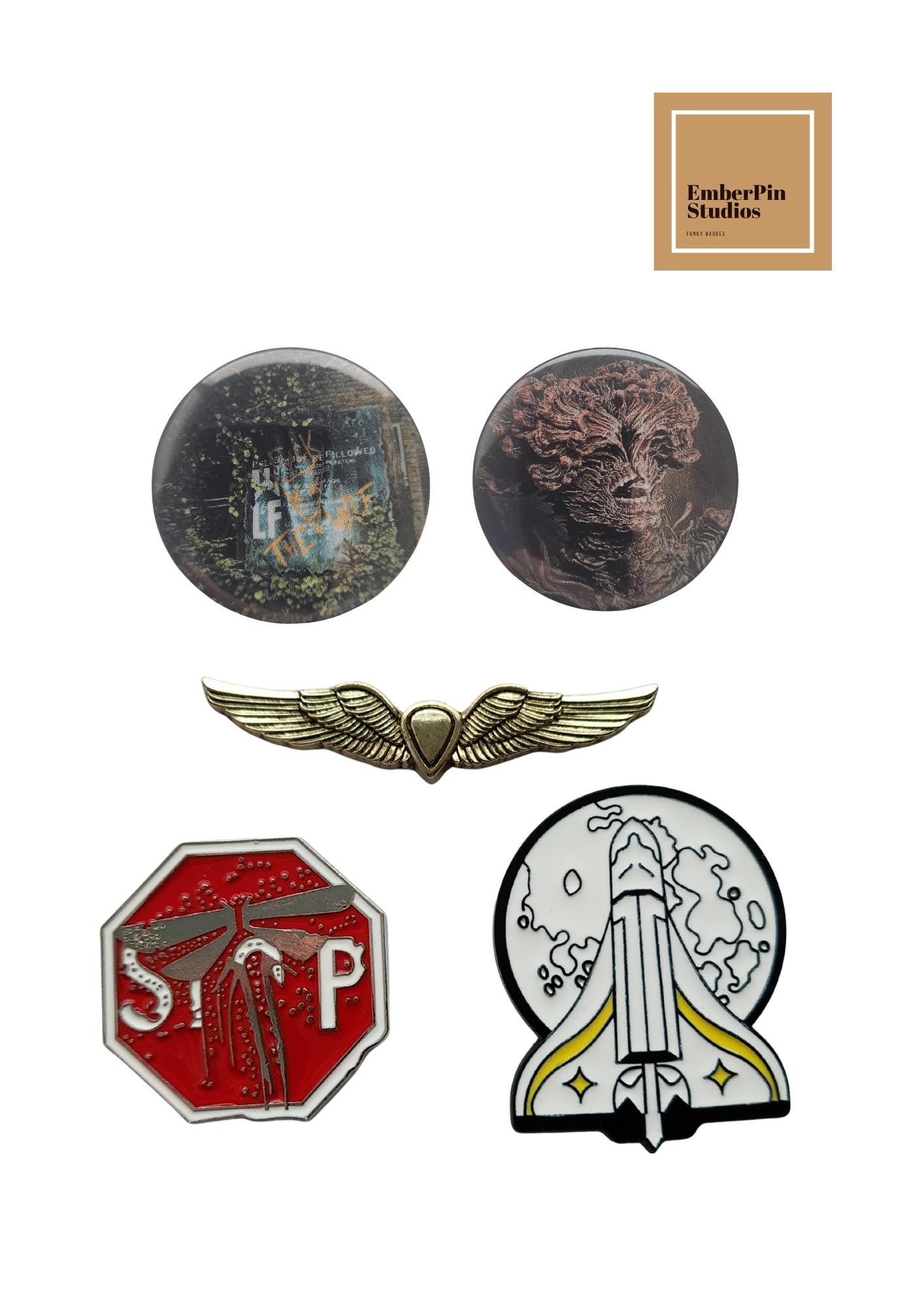The Last of Us inspired Pins: Stage 3 Infection, Space Shuttle pin, Firefly, Ellie's wings, Horror Lapel Badge