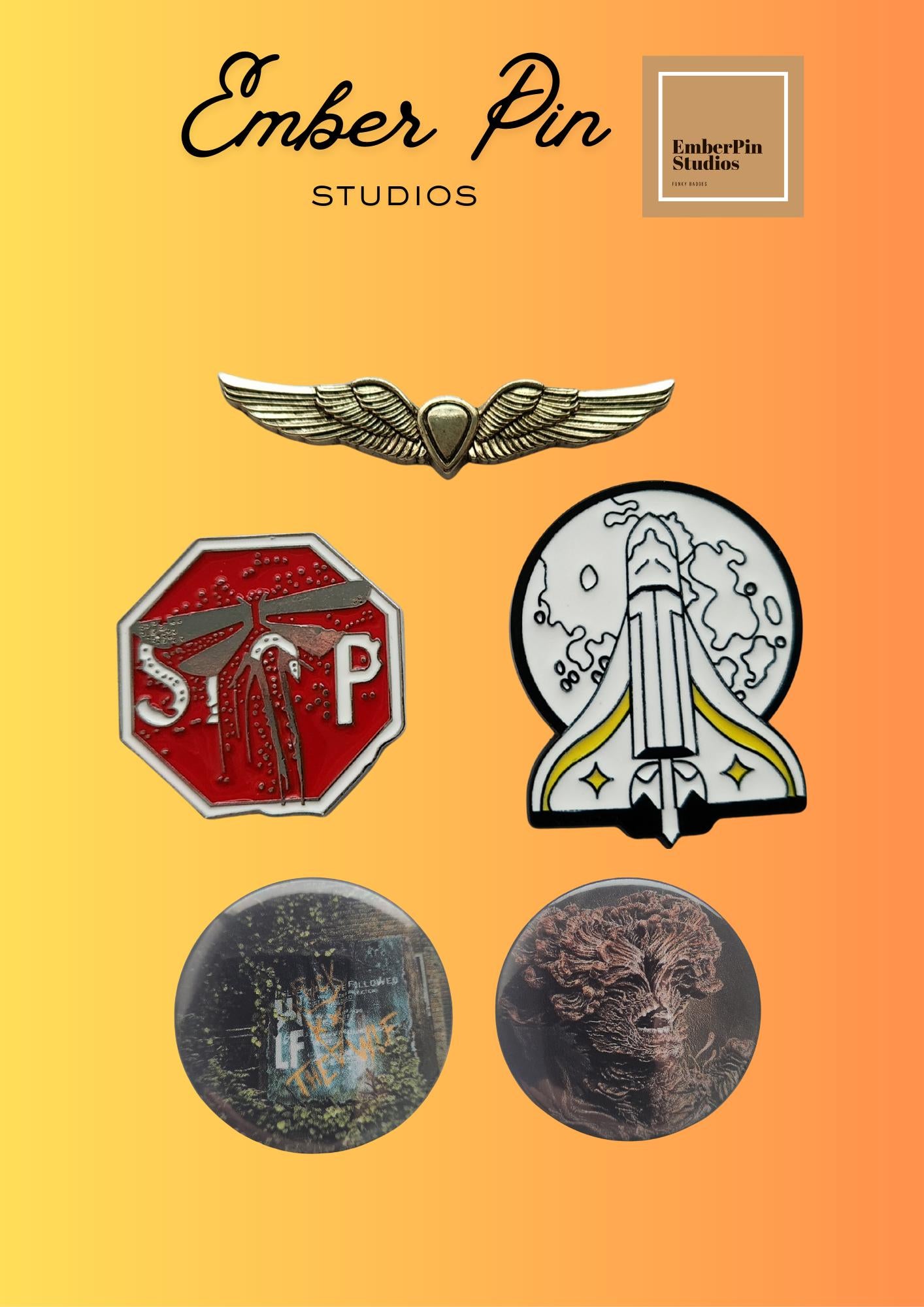 The Last of Us inspired Pins: Stage 3 Infection, Space Shuttle pin, Firefly, Ellie's wings, Horror Lapel Badge