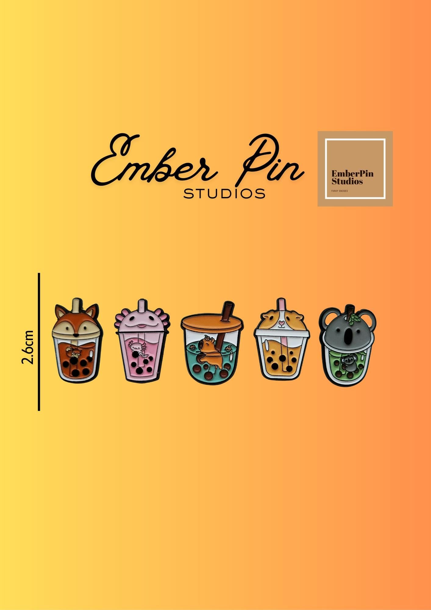 Cute Animal Boba Tea Enamel Pins Set Of 5 – Fox, Axolotl, Capybara, Hamster & Koala Kawaii Bubble Tea Accessories - Pin Badges