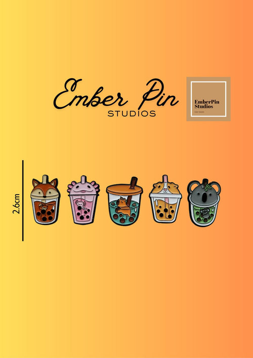 Cute Animal Boba Tea Enamel Pins Set Of 5 – Fox, Axolotl, Capybara, Hamster & Koala Kawaii Bubble Tea Accessories - Pin Badges