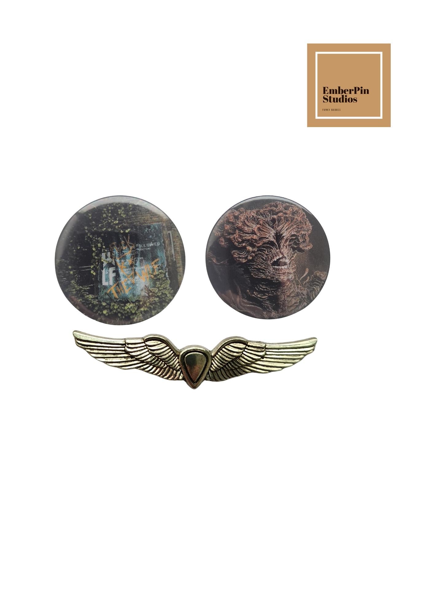 The Last of Us inspired Pins: Stage 3 Infection, Space Shuttle pin, Firefly, Ellie's wings, Horror Lapel Badge