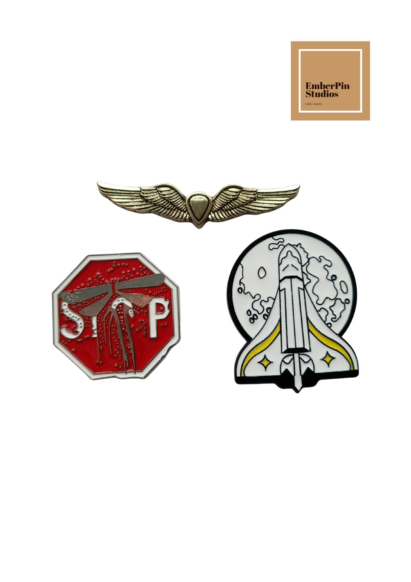 The Last of Us inspired Pins: Stage 3 Infection, Space Shuttle pin, Firefly, Ellie's wings, Horror Lapel Badge