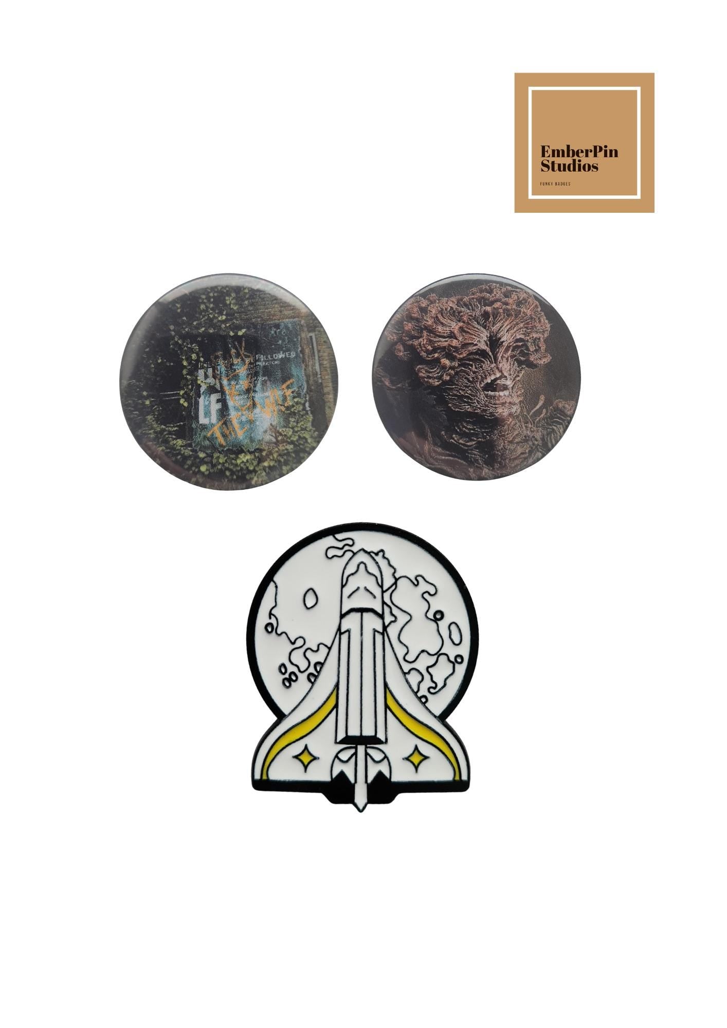 The Last of Us inspired Pins: Stage 3 Infection, Space Shuttle pin, Firefly, Ellie's wings, Horror Lapel Badge