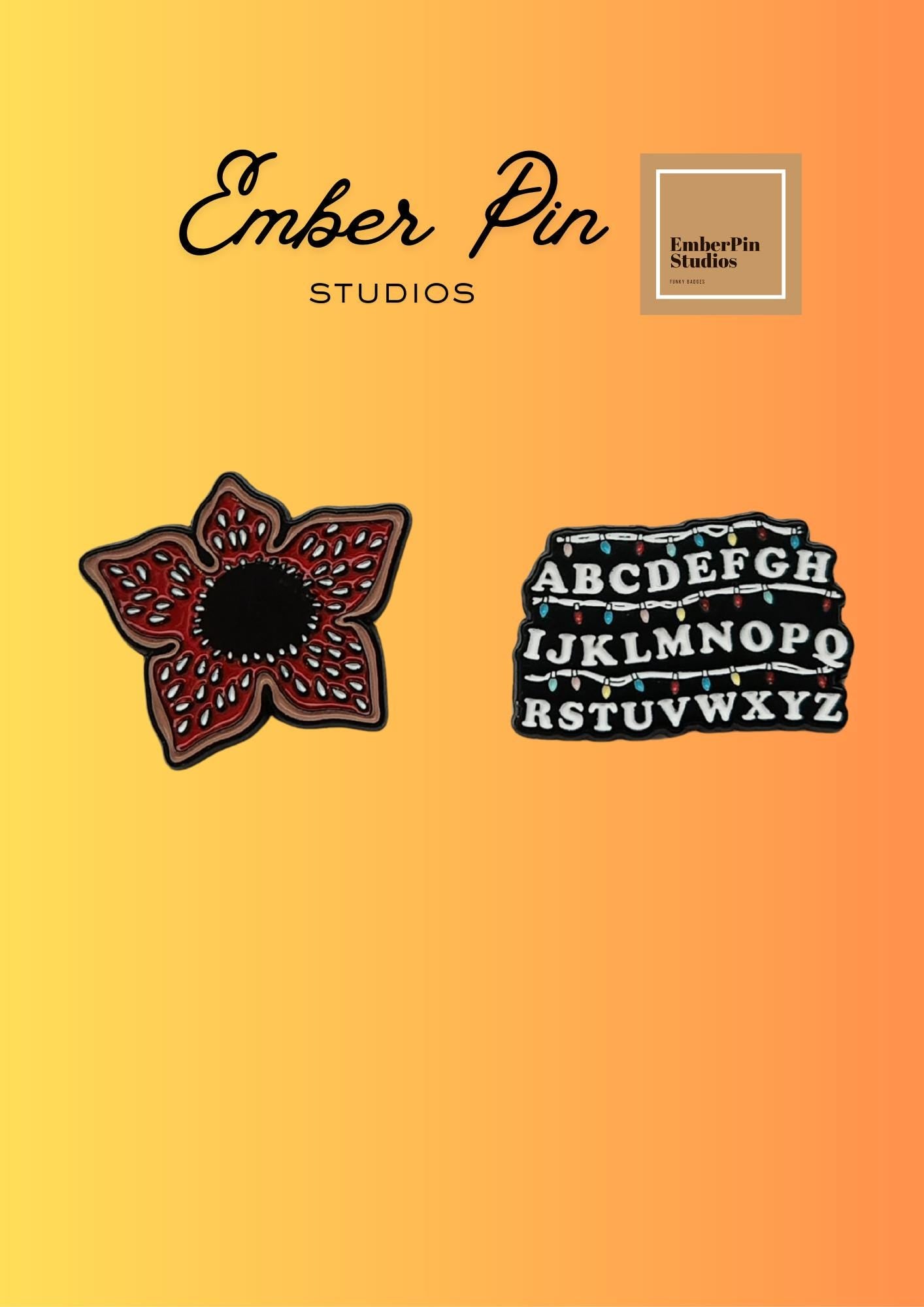 Strange Horror Enamel Pin Duo – Monster Demo gorgon & Joyces Living room Alphabet Wall