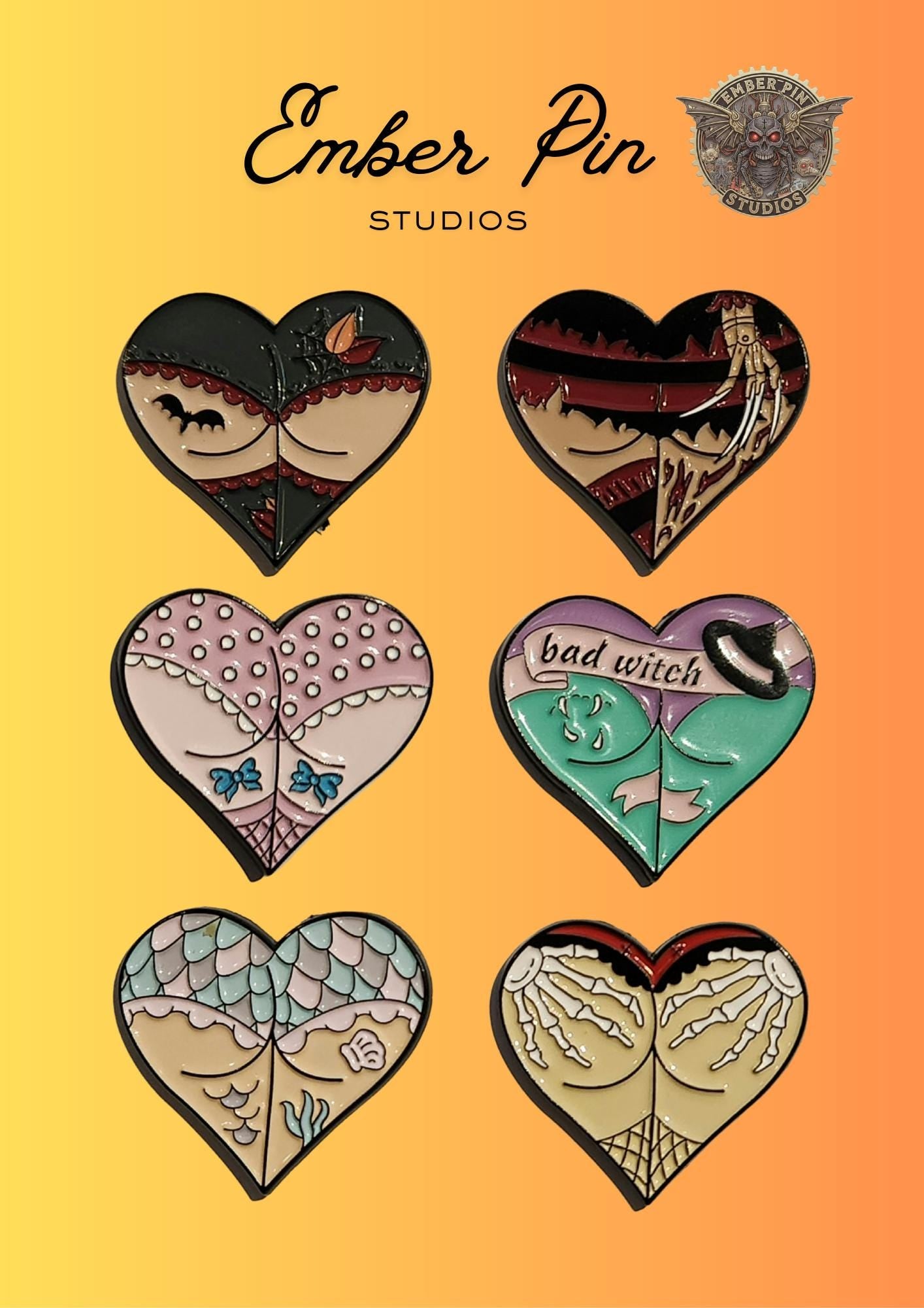 Gothic Heart Enamel Pins Set – Spooky Witchy Horror Aesthetic Pins, Dark Fantasy Valentine Heart Enamel Lapel Pins