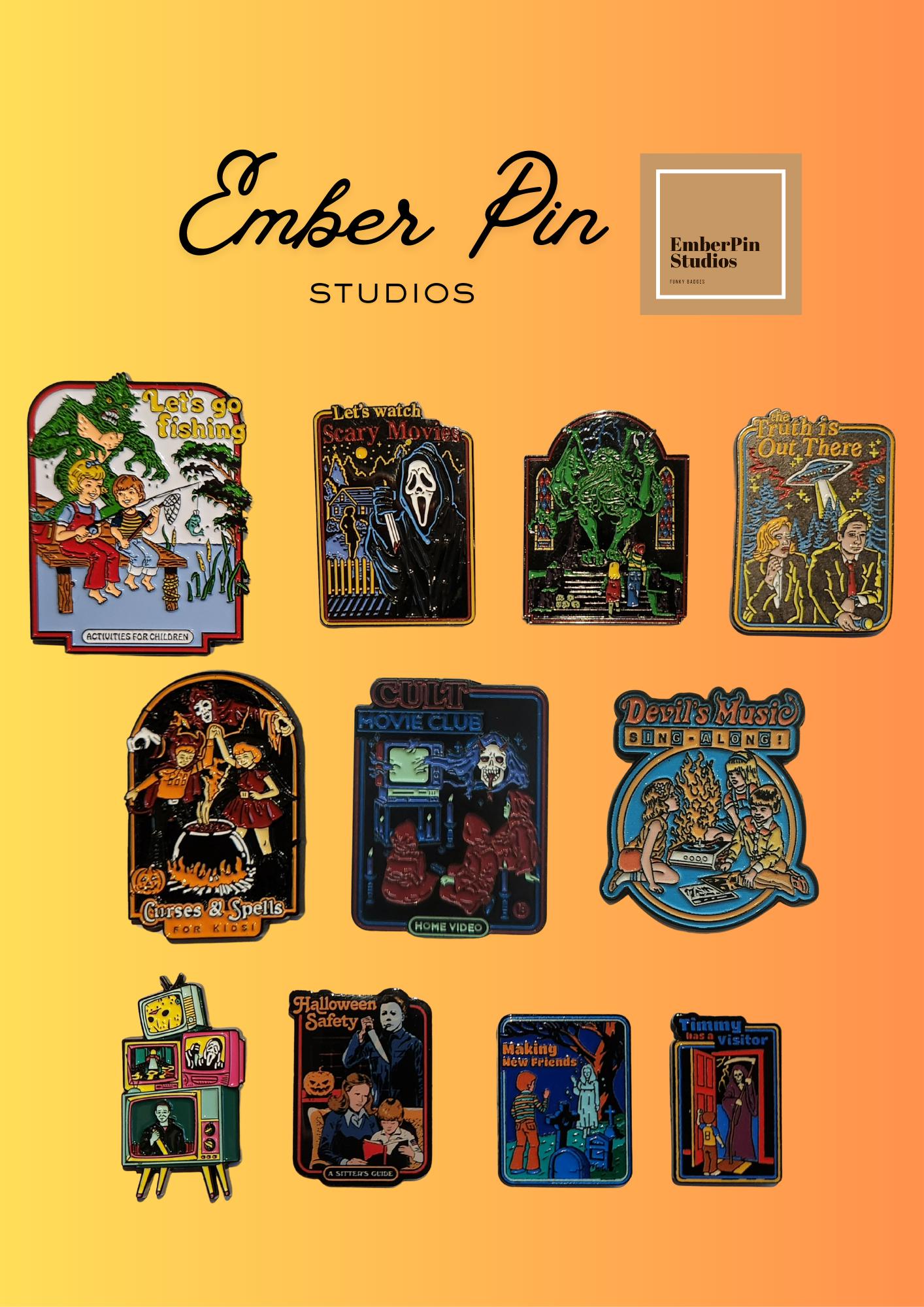 Retro Horror Enamel Pins Spooky Nostalgia VHS Style Art Hard Enamel Lapel Pins Cthulhu Scream X Files Retro Horror Nostalgic Pop Culture