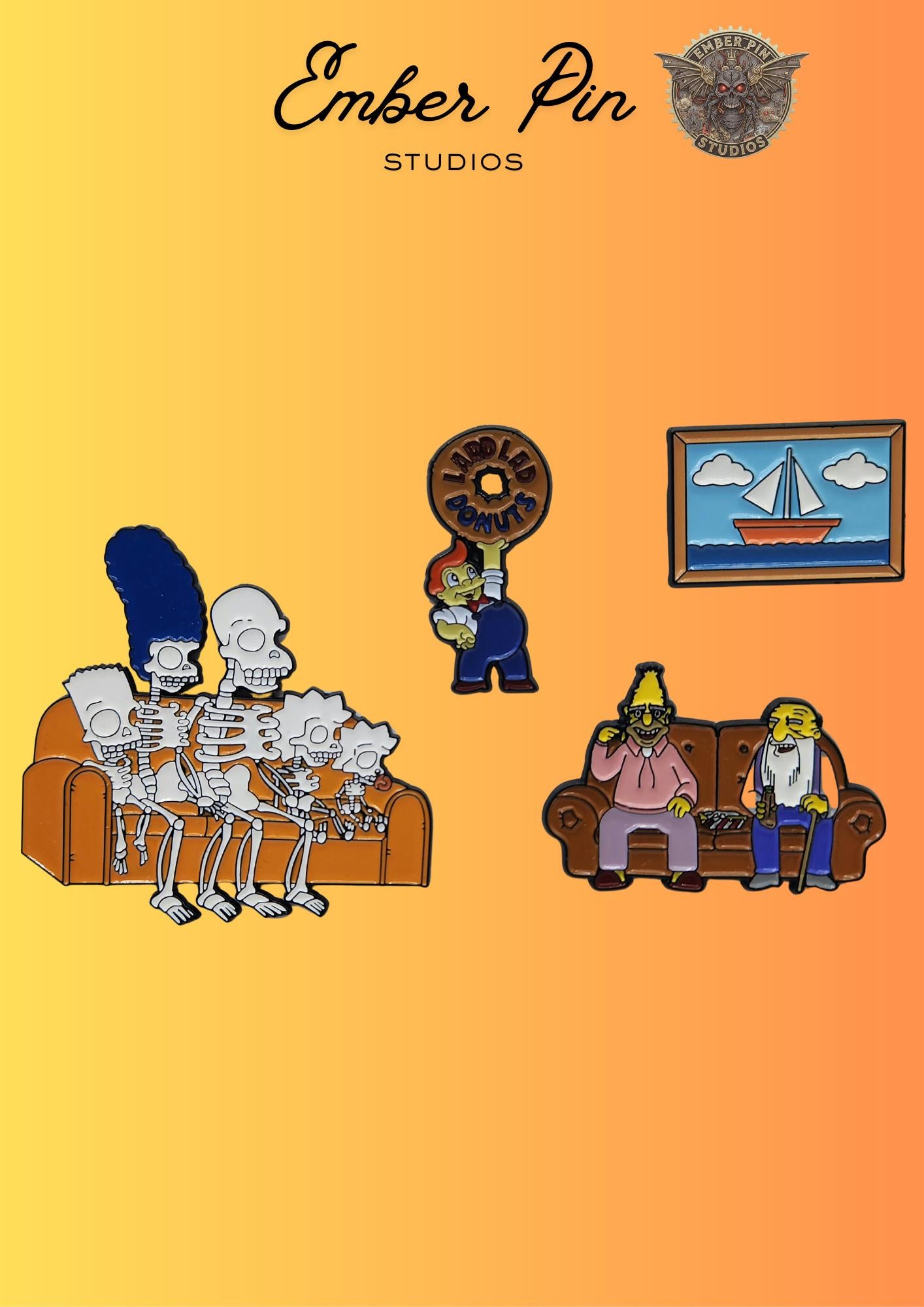 Cartoon Parody Inspired Simpson’s Enamel Pins | Couch Gag Skeleton Pin | Donut Mascot Pin | Funny TV-Inspired Collectible Pins