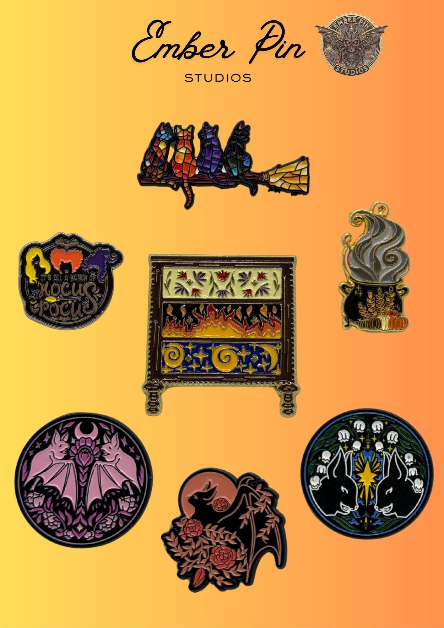 Witchy Gothic Cats Bats And Halloween Charm, Stained Glass Style Artwork Enchanted Decor Motifs Hard Enamel Lapel Pins