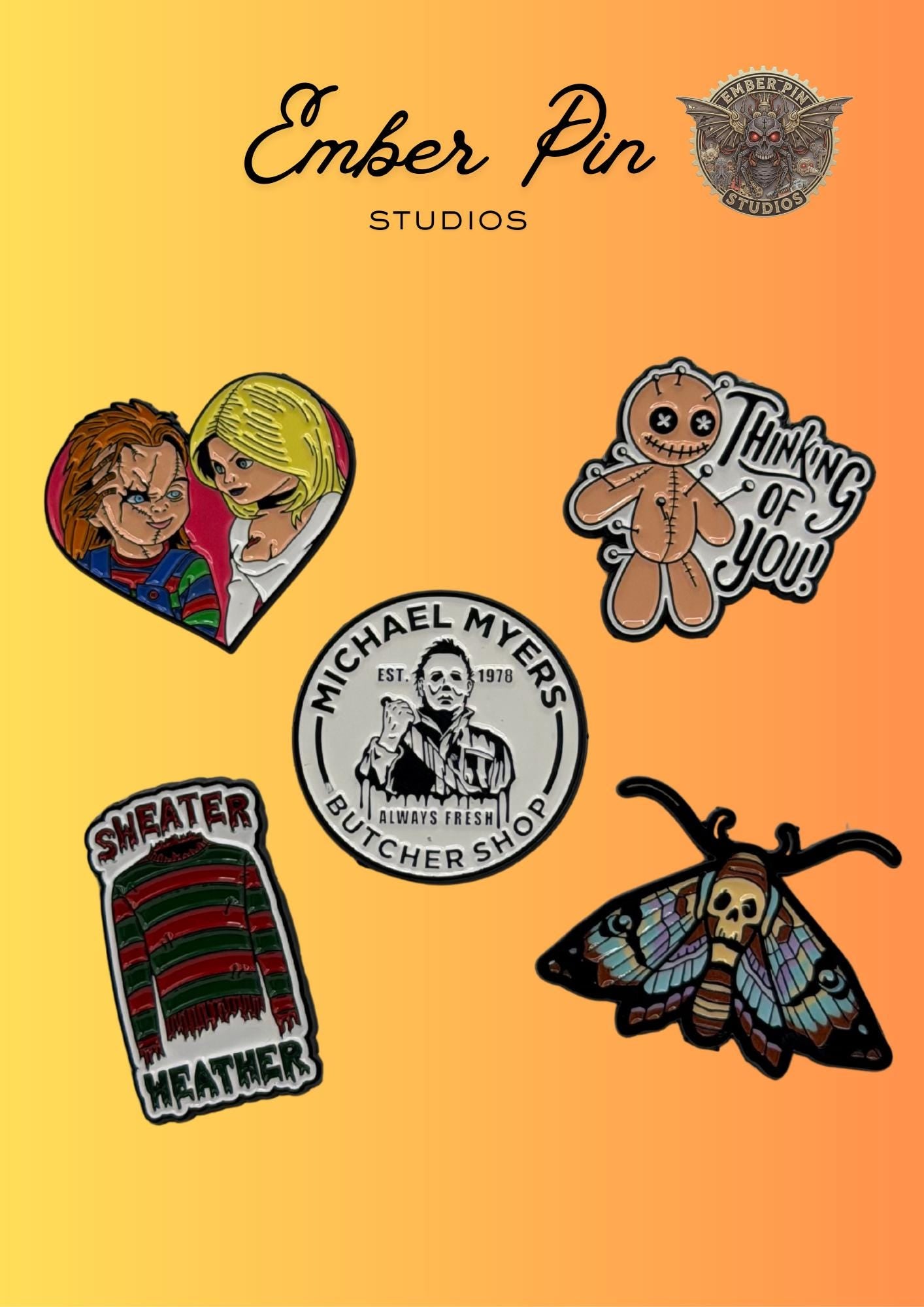 Horror Slasher Movie Inspired Spooky Gothic Halloween Horror Movie Slasher Films, Creepy Dolls, Eerie Symbolism Hard Enamel Pins